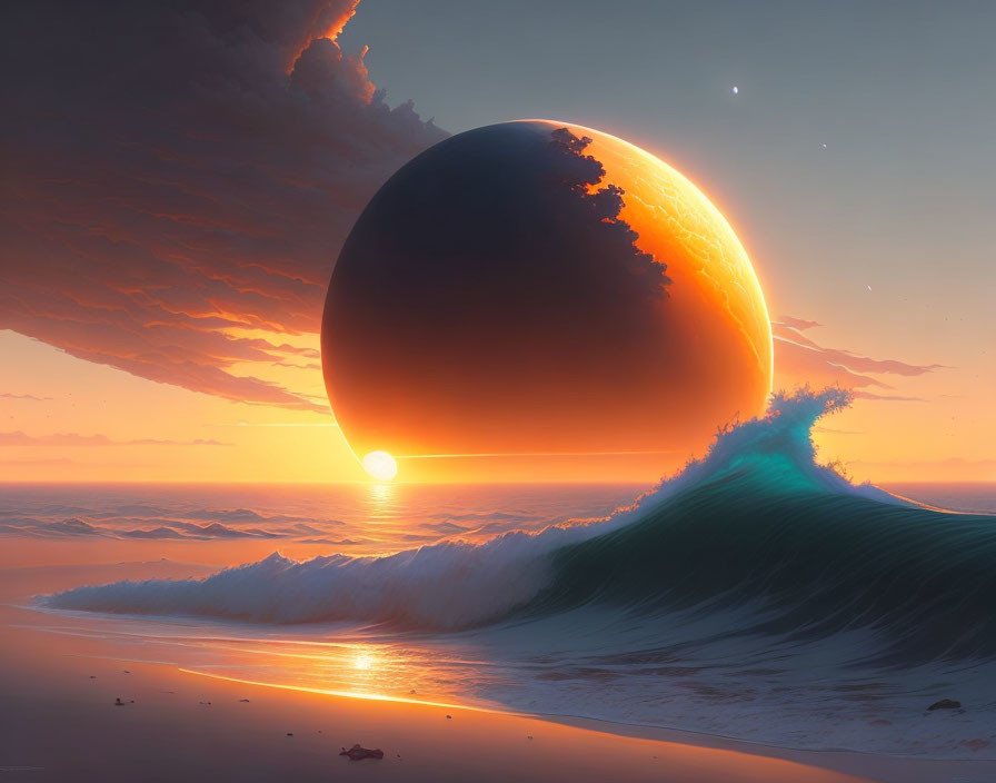 Tranquil sunset beach scene with large planet in sky