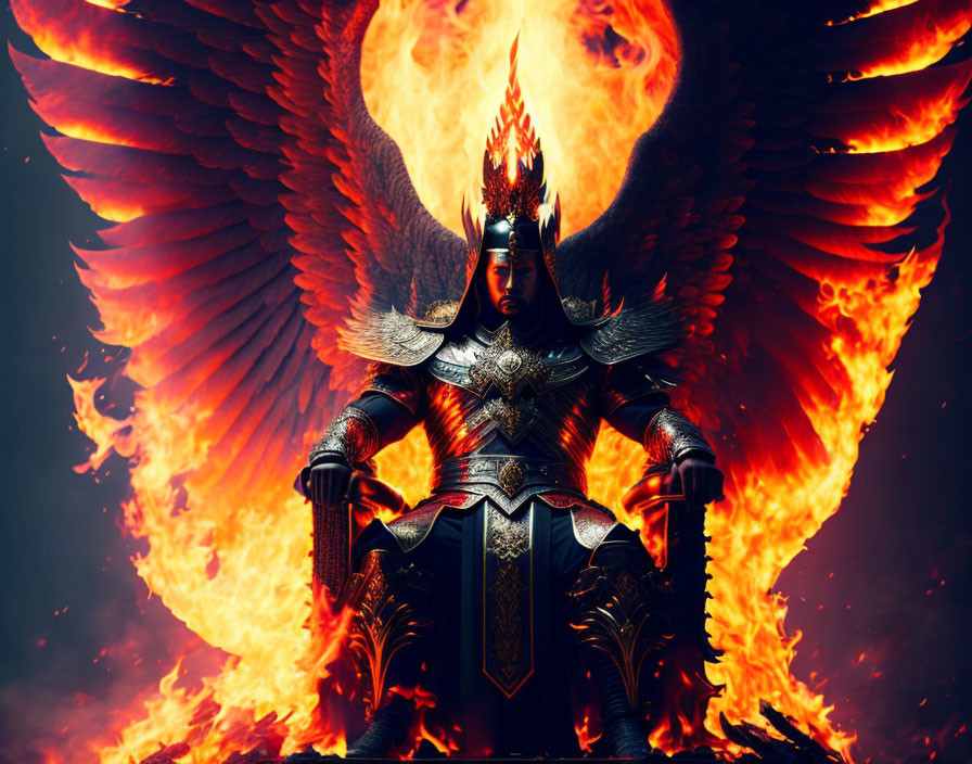 Majestic figure in ornate armor on throne with fiery wings