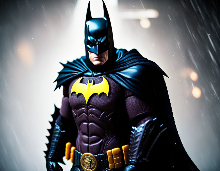 Detailed Batman action figure with emblem in close-up against rain-drenched backdrop