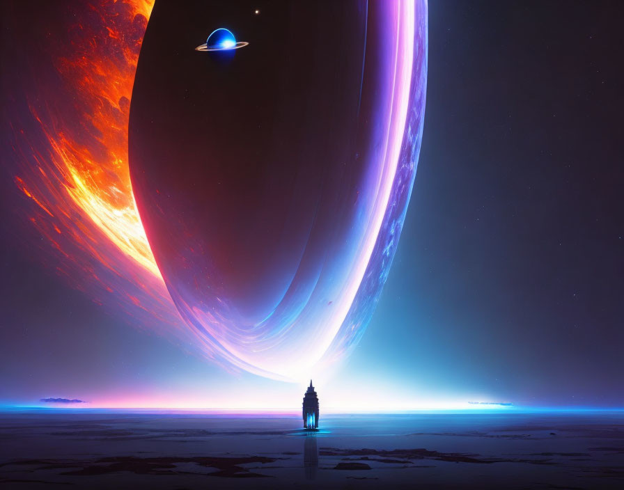 Silhouette of person before colorful planet with ring systems on alien world