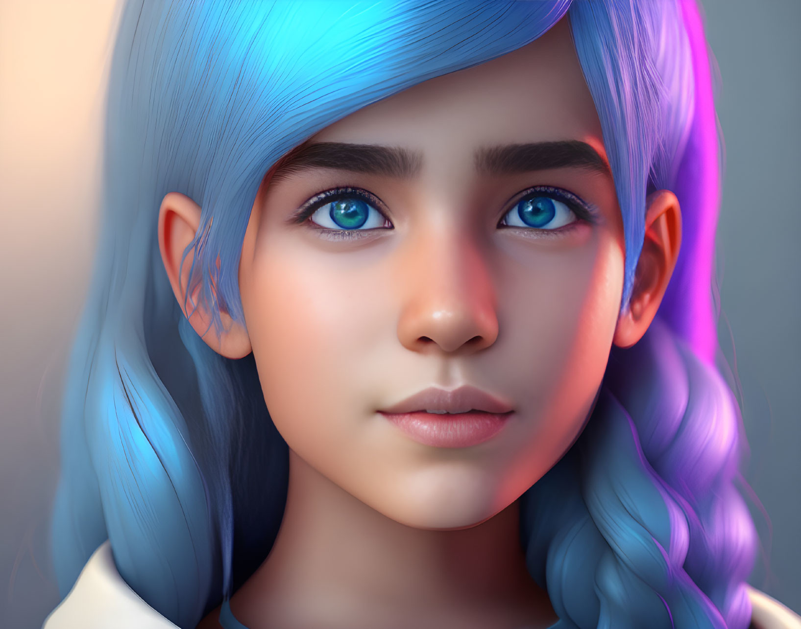 Vibrant blue hair and eyes in realistic digital portrait