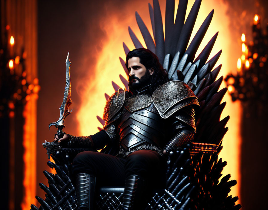 Regal figure in ornate armor on throne with blade in fiery glow