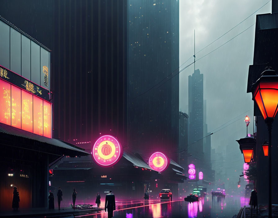 Futuristic cityscape at dusk: neon signs, street lamps, wet streets, pedestrians