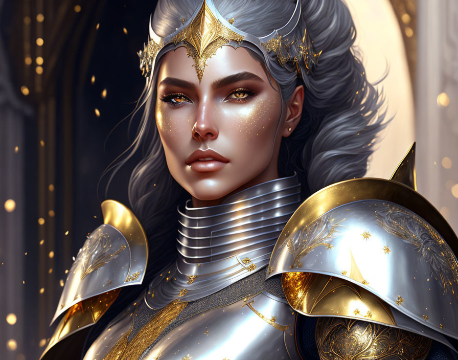 Silver-Haired Fantasy Warrior Woman in Elaborate Golden Armor