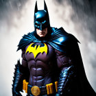 Detailed Batman action figure with emblem in close-up against rain-drenched backdrop