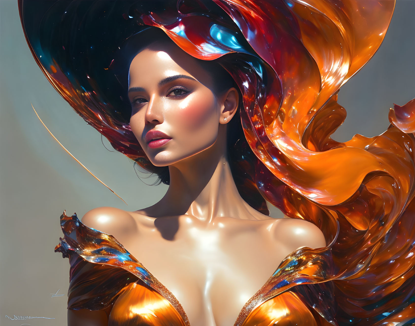 Colorful flowing hair and metallic clothing in glossy digital art