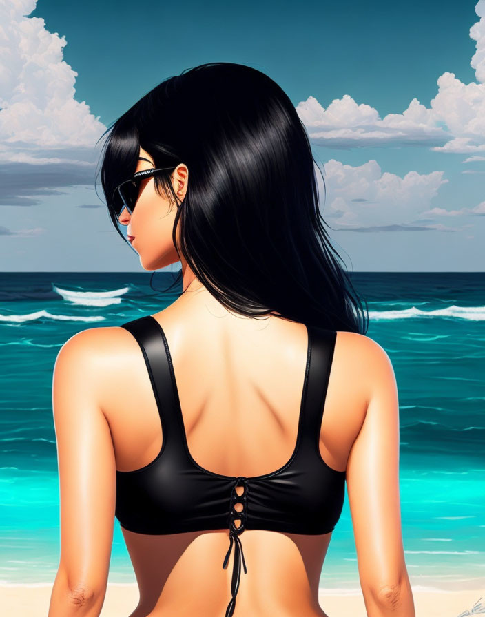 Woman in Black Swimsuit and Sunglasses by the Sea