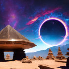 Fantastical night sky with swirling galaxies over pyramids