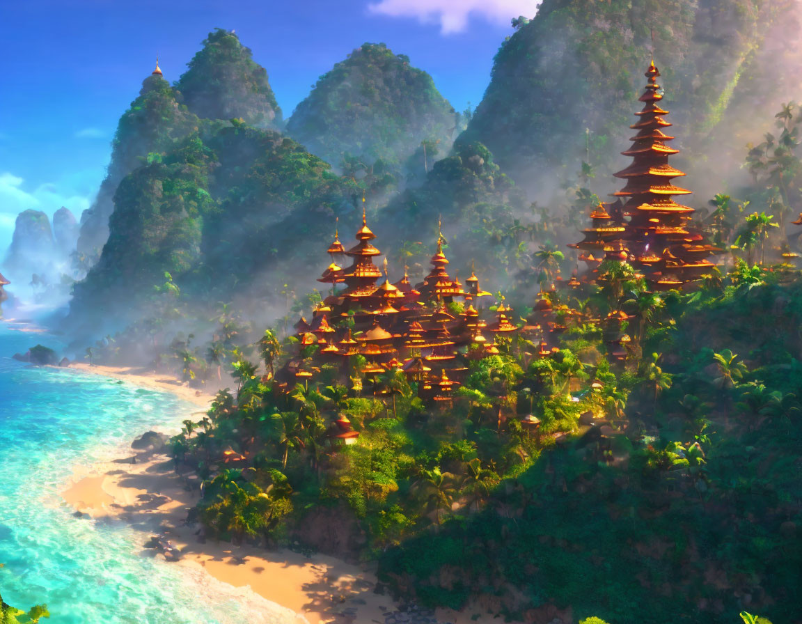 Colorful coastal landscape with pagodas, greenery, and misty mountains