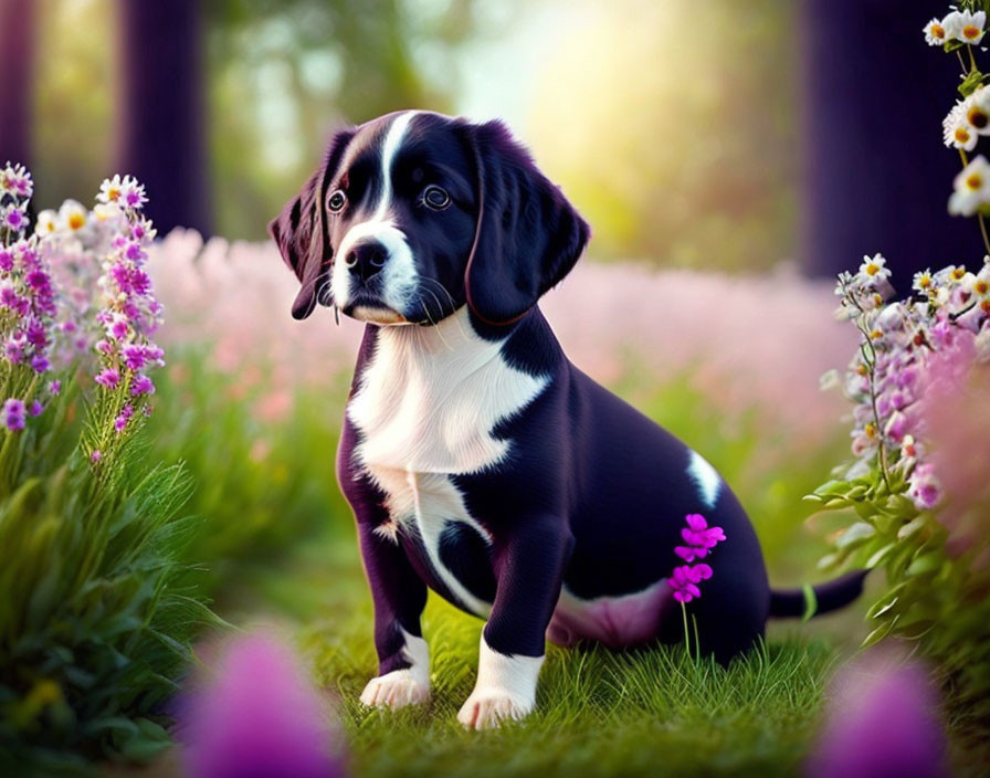 Black and White Puppy Sitting Among Colorful Flowers in Lush Garden