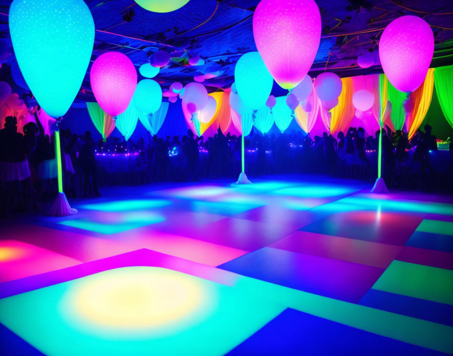 Neon-lit dance floor with glowing balloon canopy