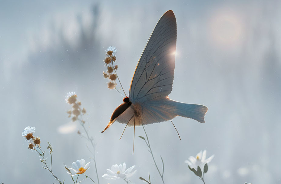 Translucent-winged butterfly among white wildflowers in soft sunlight