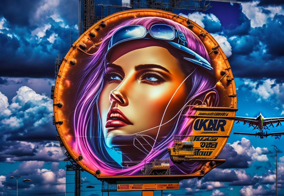 Colorful digital portrait of a woman with neon outlines on industrial backdrop