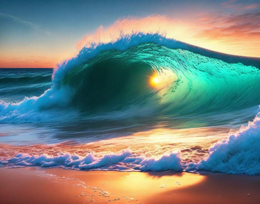 Vibrant ocean wave curling at sunset on the coast