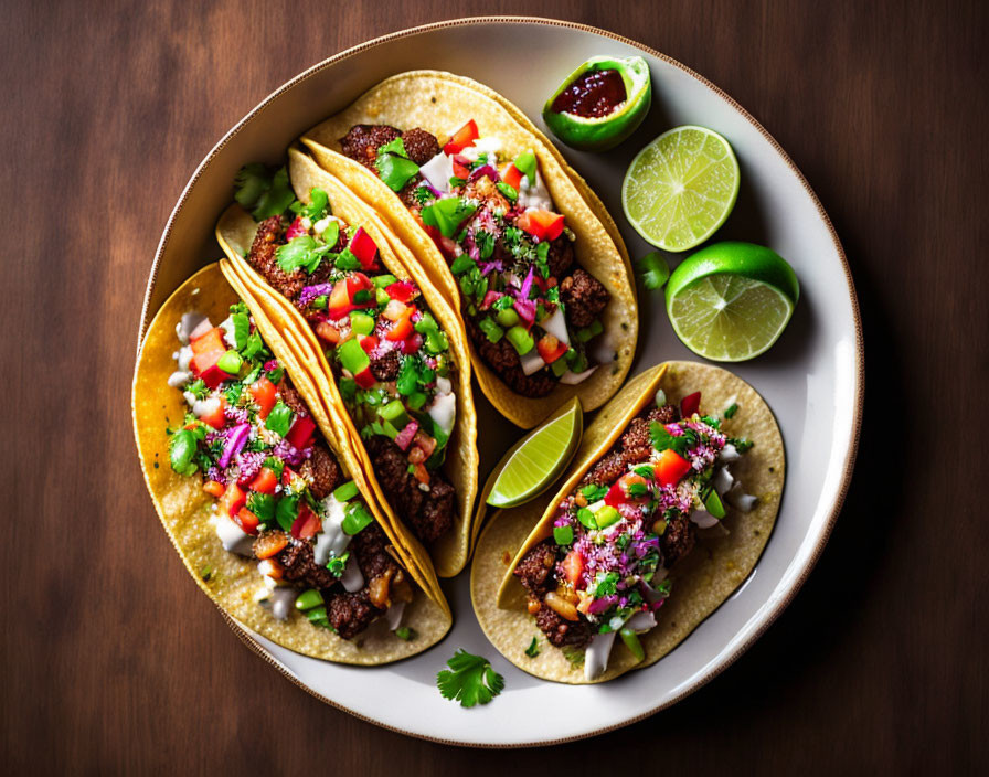 Fresh salsa and lime topped tacos on wooden surface