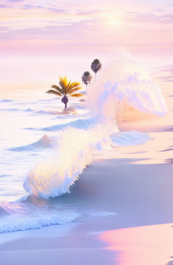 Surreal beach scene with palm trees and crashing wave at sunset