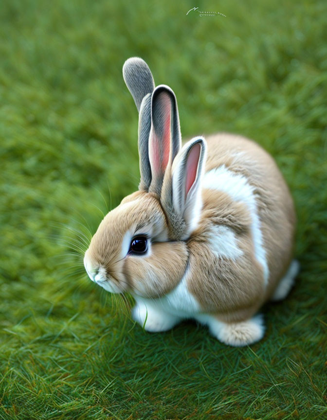 Brown and White Rabbit with Long Ears on Lush Green Grass