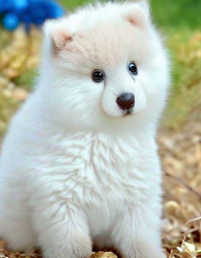 Fluffy White Pomeranian Puppy with Blue Eyes in Wood Shavings