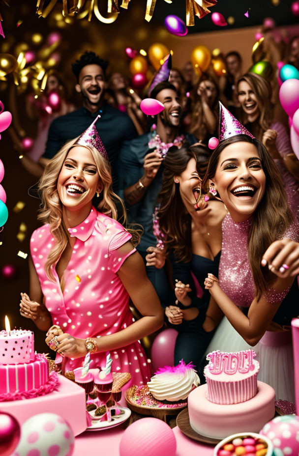 Group celebrating pink-themed birthday party with cake, hats, and balloons. Smiling people in festive setting