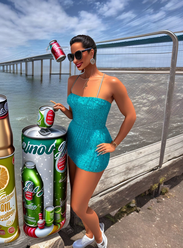 Person in Blue Dress Beside Oversized Beverage Cans on Pier with Bridge in Background