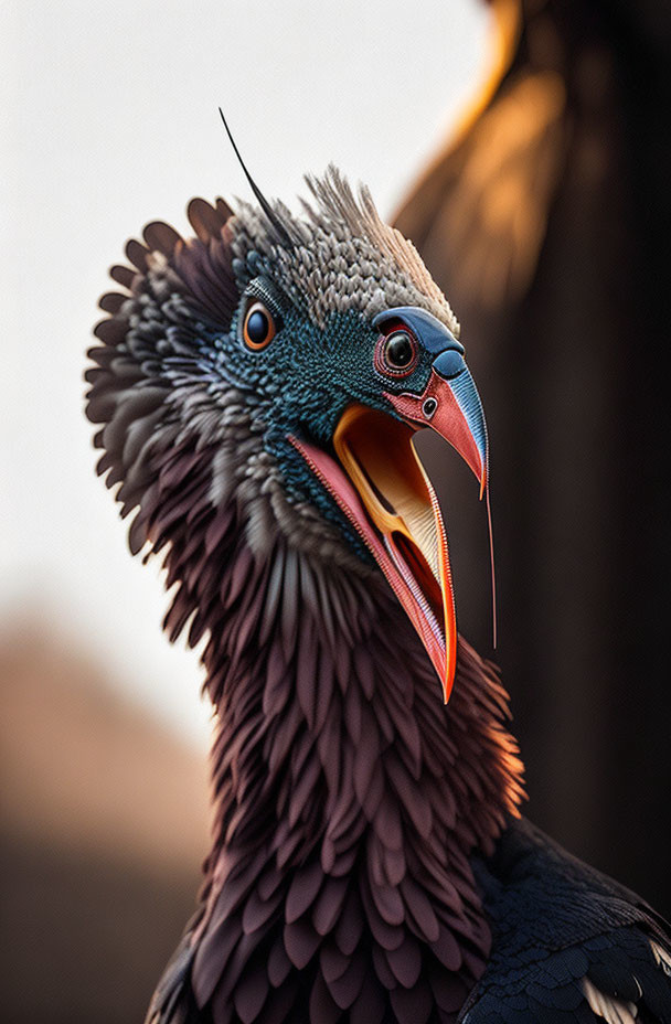 Detailed close-up of bearded vulture with open beak and intense gaze in warm lighting