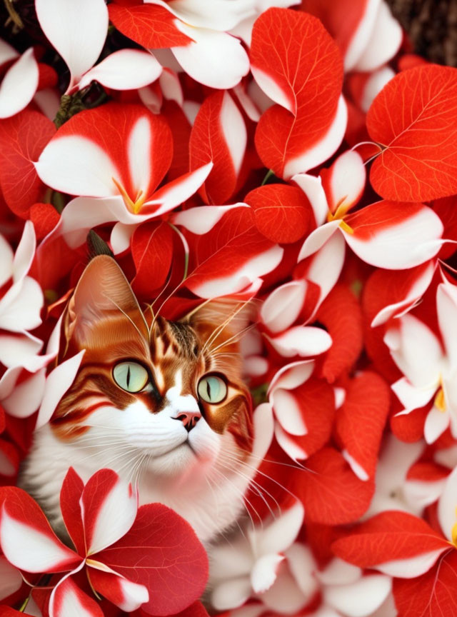 Ginger and White Cat Among Vibrant Plumeria Flowers