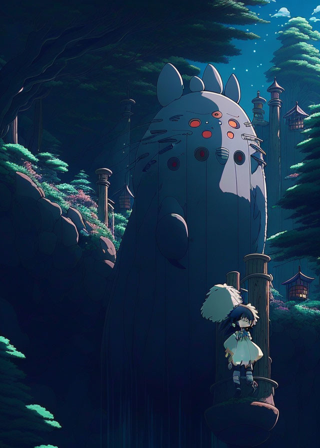 Young character encounters giant creature in mystical forest.