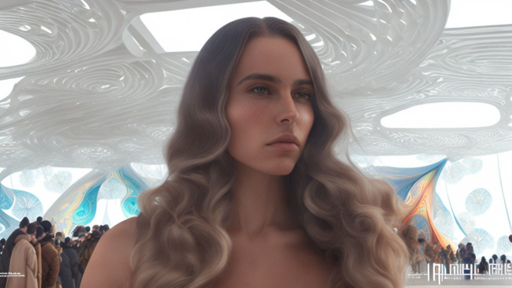 Futuristic digital artwork featuring woman with long wavy hair