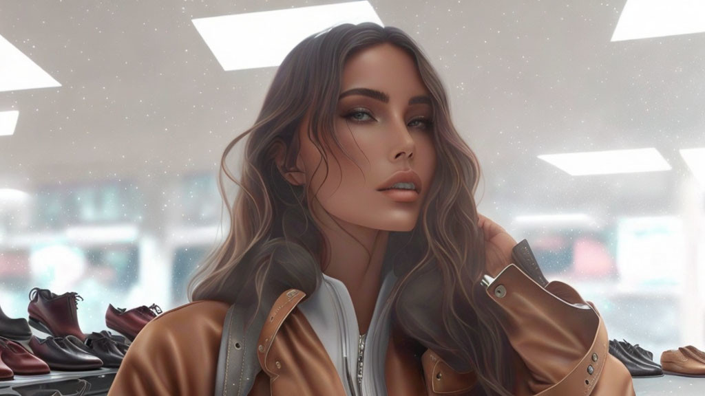 Digital artwork: Woman with wavy hair in brown leather jacket, store setting.