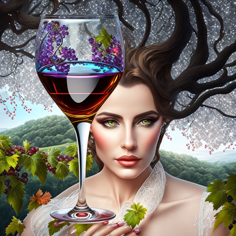 Stylized image of woman with flowing hair and green eyes holding wine glass and grapevines