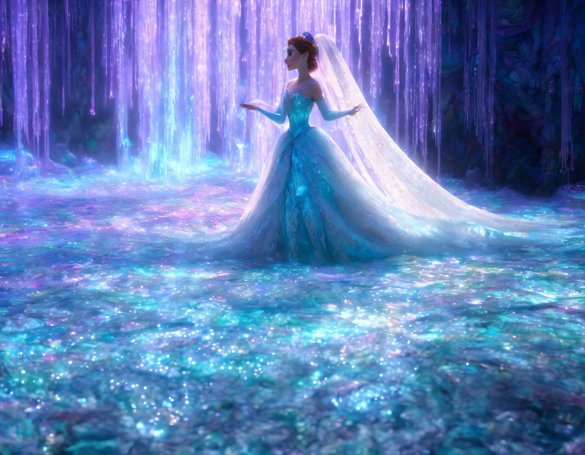 Glittering Blue Gown Princess in Enchanting Luminescent Forest