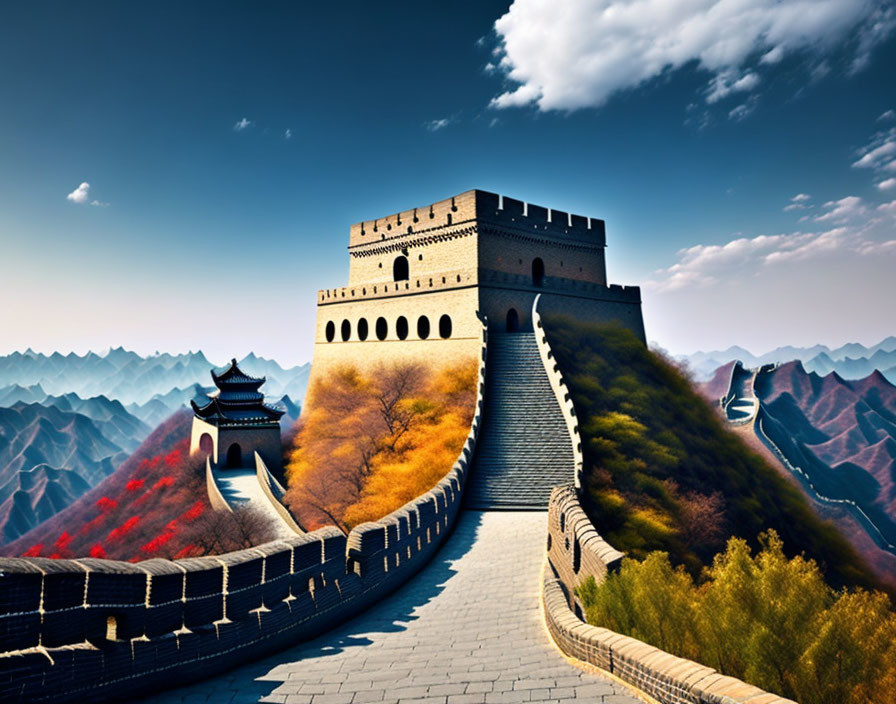 Great Wall of China in colorful autumn landscape under blue sky