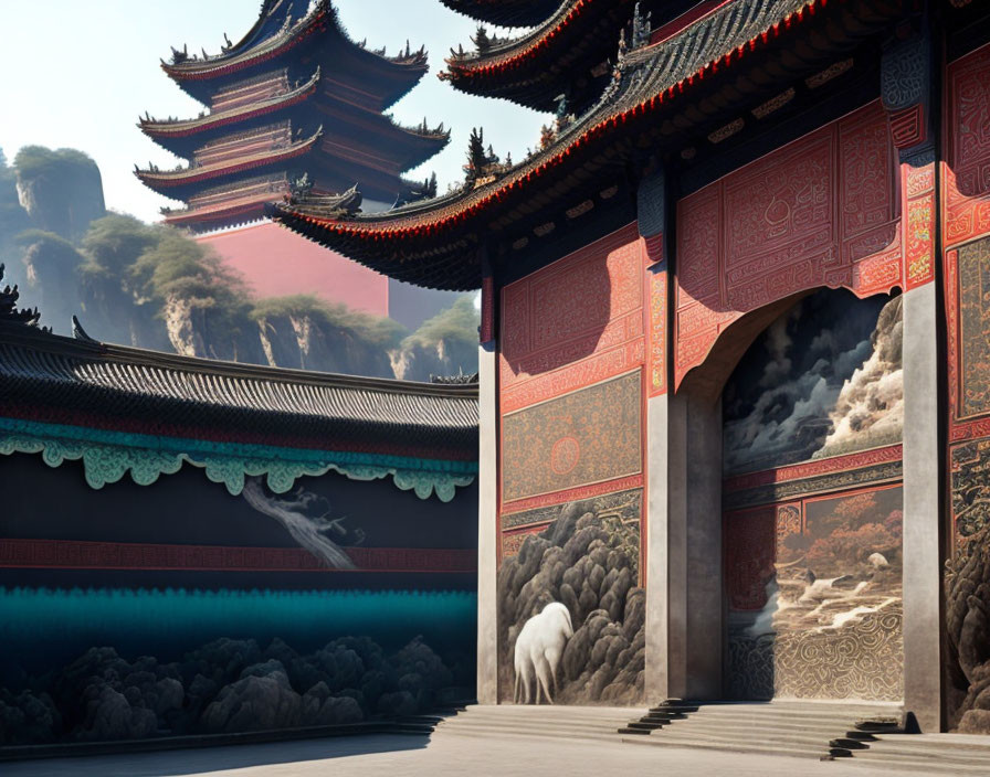 Traditional Chinese temple with pagodas, red walls, carvings, and misty mountains