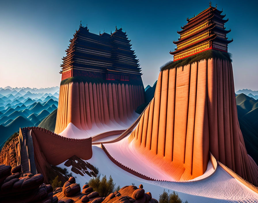 Surreal image of ancient Chinese pagodas on red cliffs