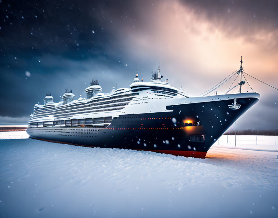 Cruise ship in snow-covered landscape at dusk