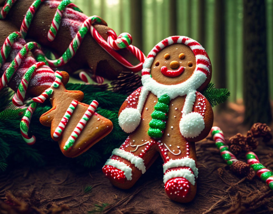 Colorful Gingerbread Man with Candy Canes and Pine Branches for Christmas Festivities