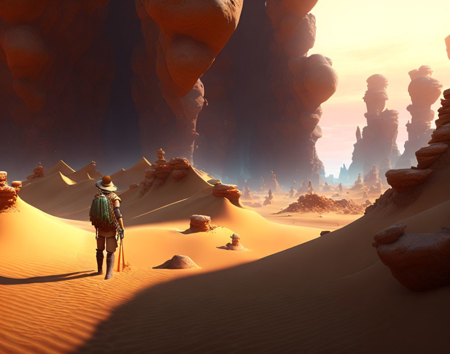 Solitary explorer in desert with rock formations under orange sky