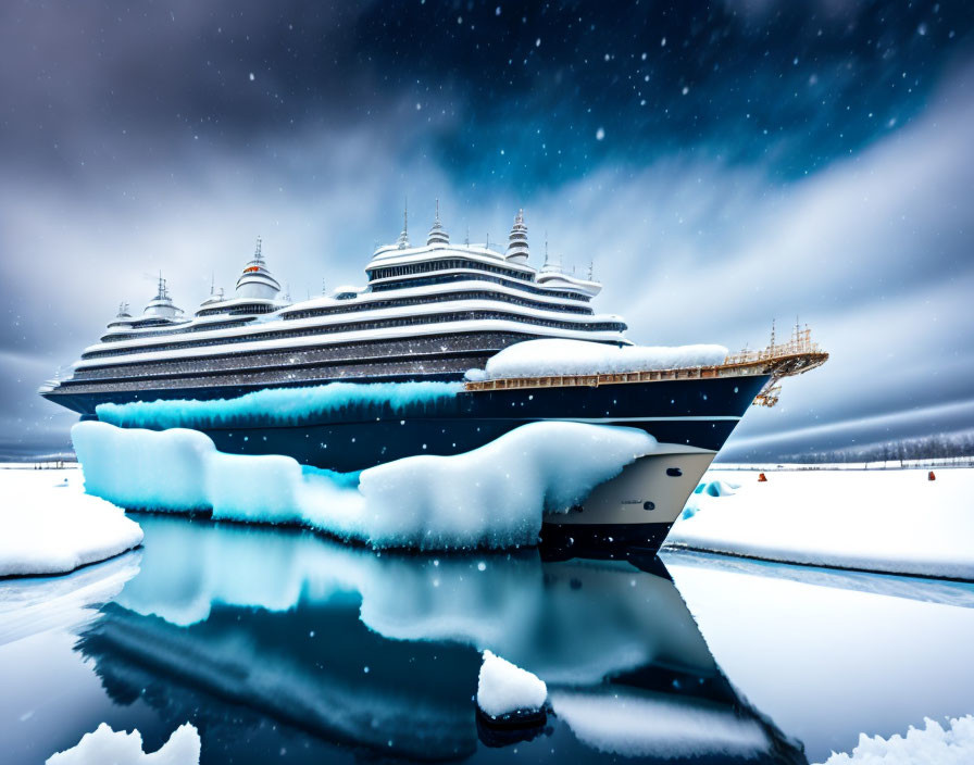 Cruise ship in snow and ice under starry night sky