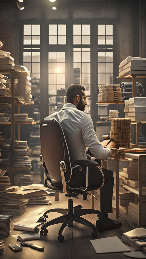 Man surrounded by stacks of paper at desk in sunny room