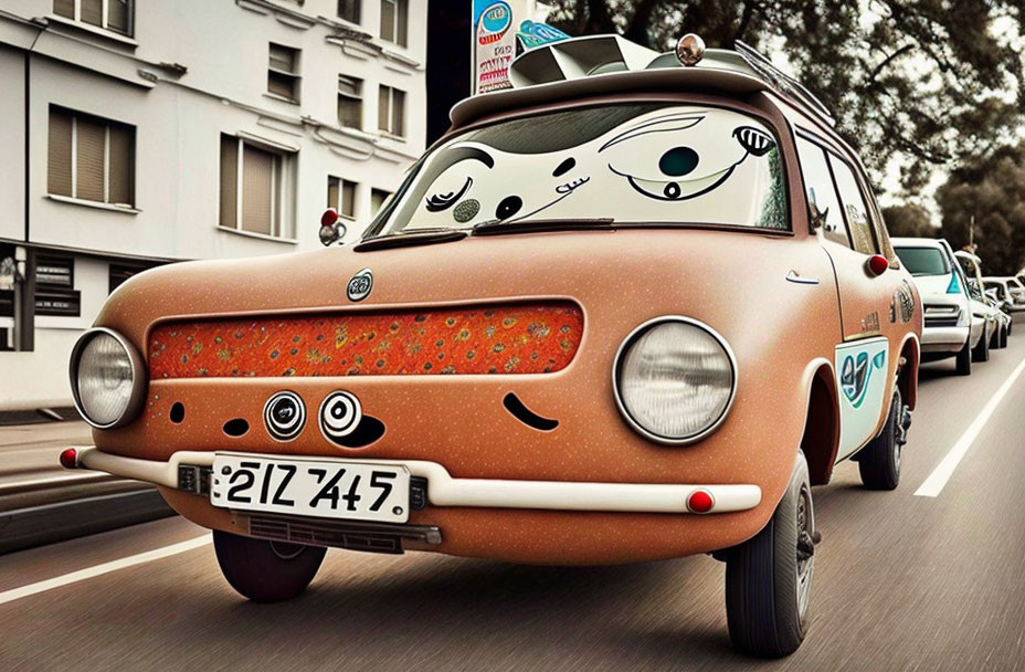 Brown retro car with cartoon eyes and mouth cruising city street