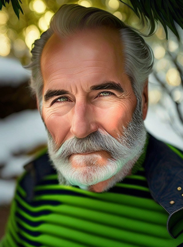 Elderly man portrait with white beard, green shirt, blue jacket, and leafy background