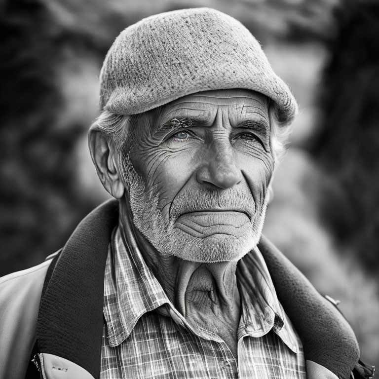 Elderly man in flat cap and plaid shirt gazes into distance