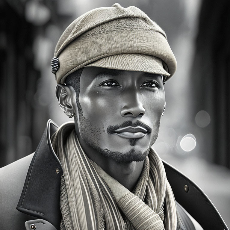 Monochrome portrait of a man in beret, leather jacket, and scarf