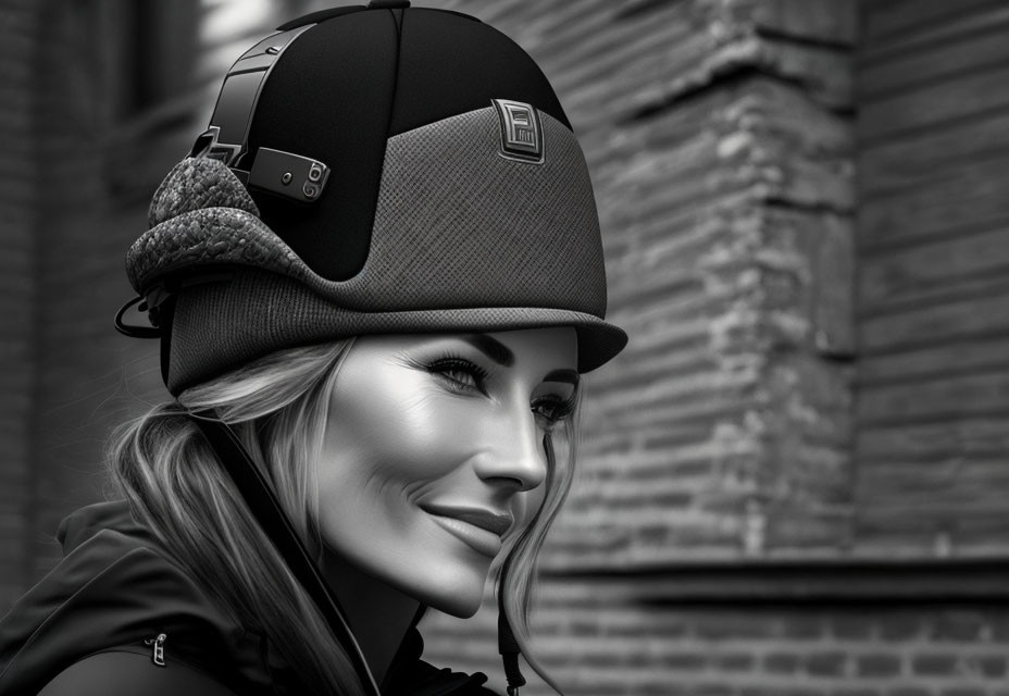 Smiling woman in equestrian helmet against brick wall.