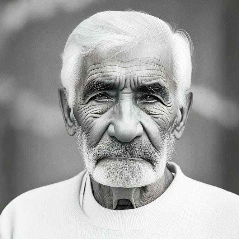 Portrait of elderly man with white beard and deep-set eyes in black and white.