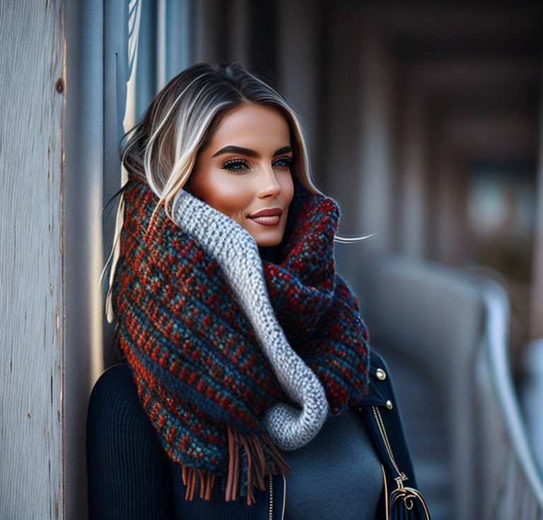 Styled woman in chunky knit scarf against wall exudes cozy, fashionable look