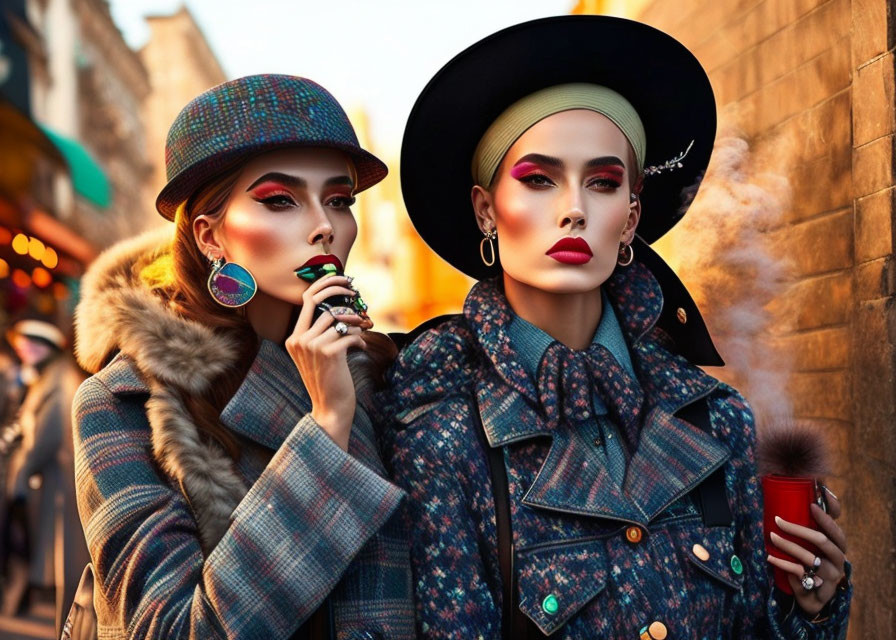 Fashionable women in bold makeup and hats, one holding a cup and the other vaping, wearing trendy