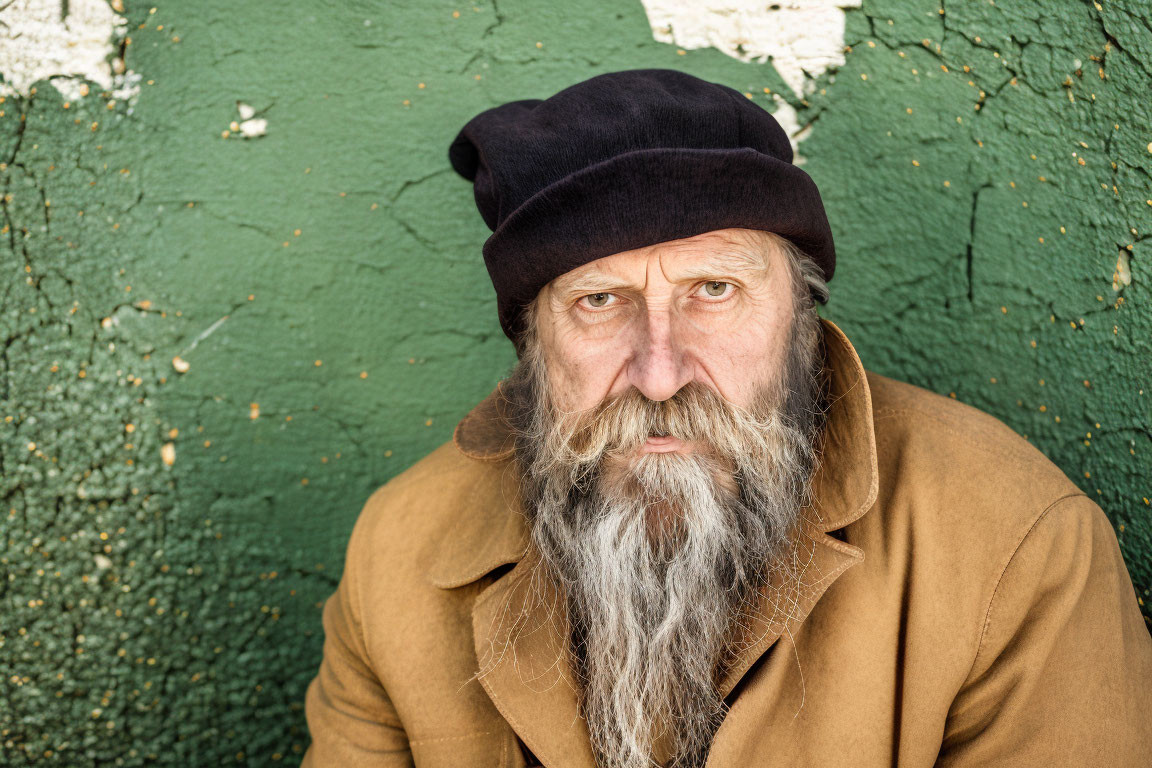 Elderly man with long beard in beret and coat by cracked green wall