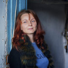 Styled woman in chunky knit scarf against wall exudes cozy, fashionable look