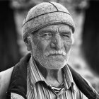 Monochrome portrait of a man in beret, leather jacket, and scarf